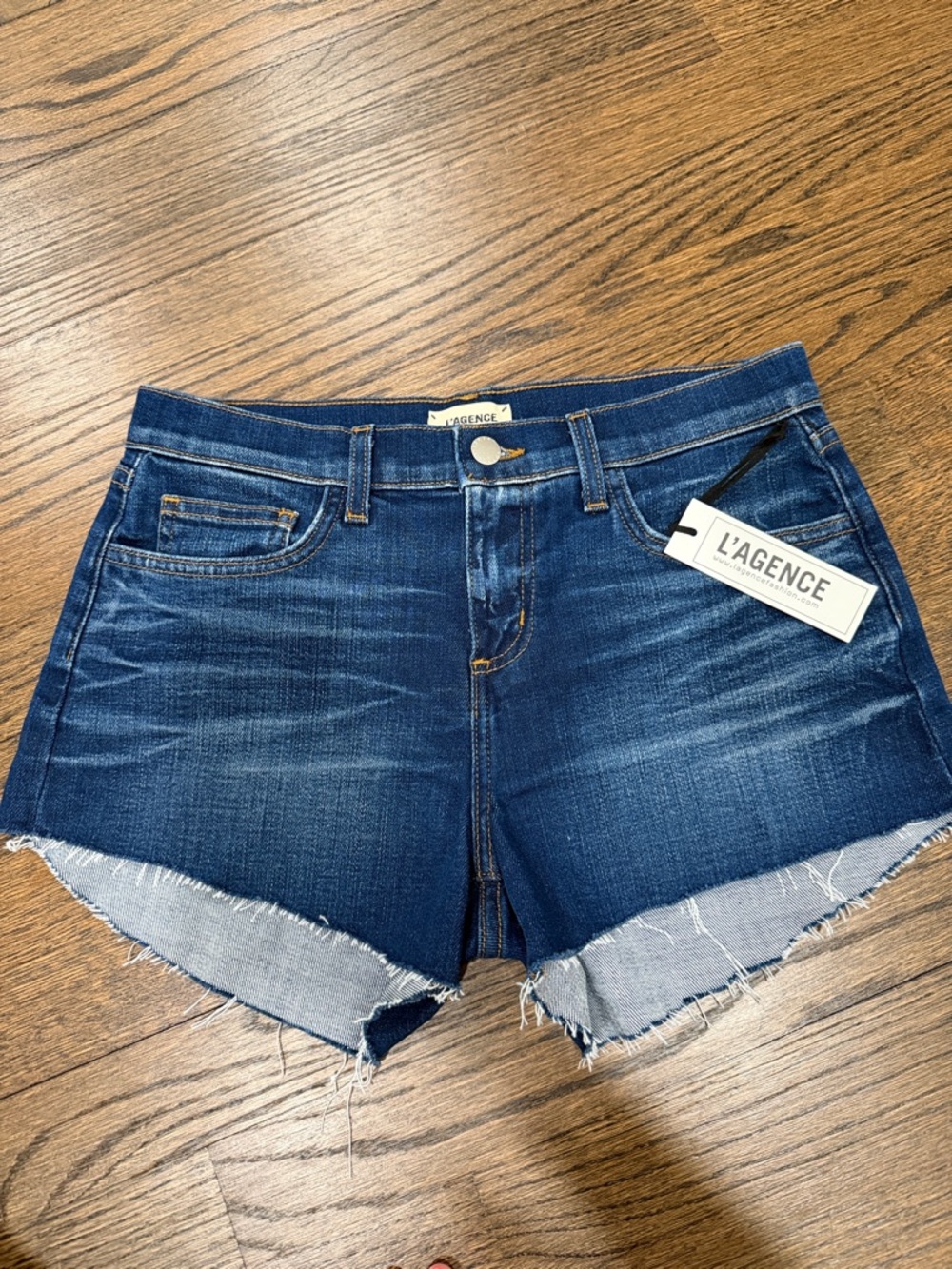 L'AGENCE Indigo Frayed Hem Denim Shorts